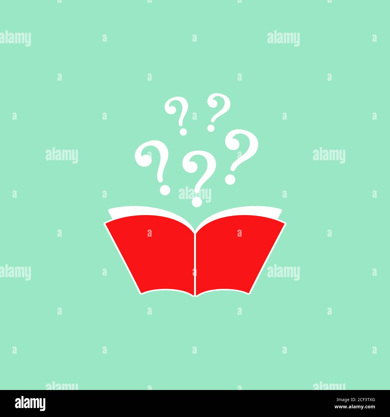 Open book with red book cover and question marks. Isolated on turquoise ...