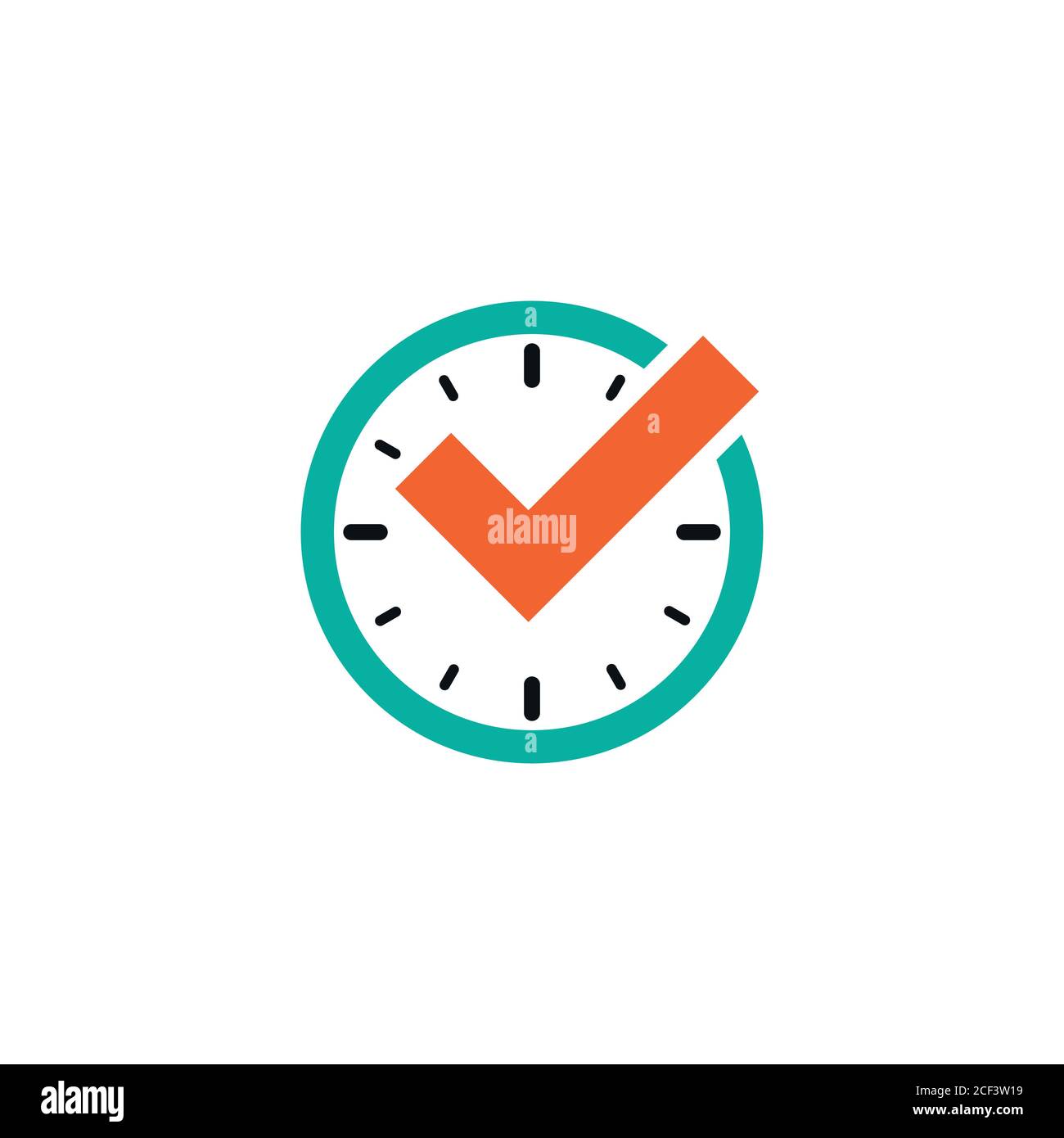 blue clock with orange tick. Flat line icon isolated on white. Time to ...