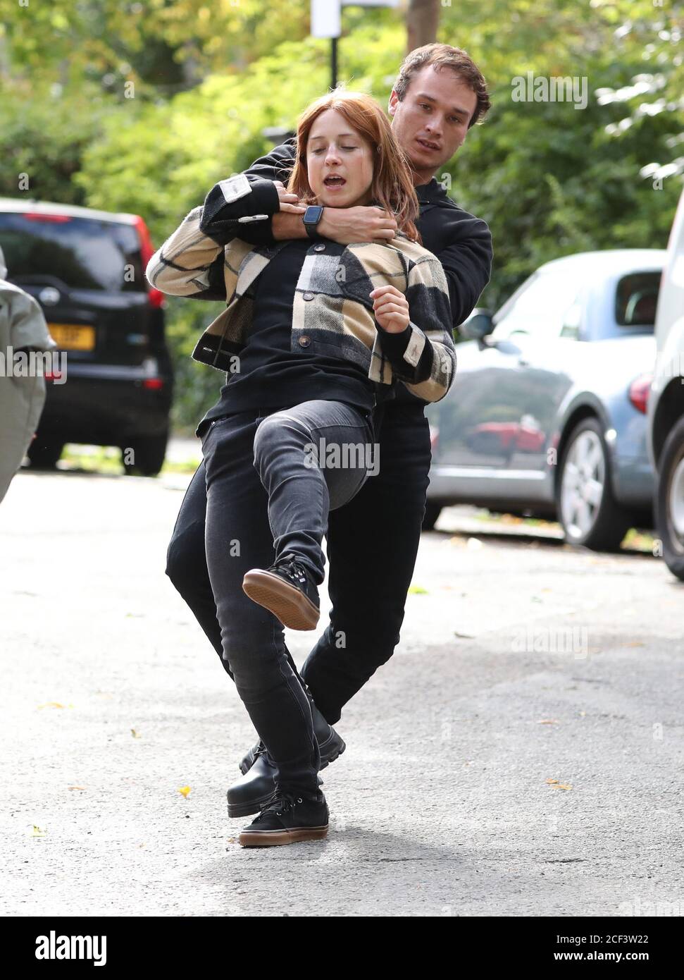 Actors rehearse on the set of the new BBC thriller Vigil which is