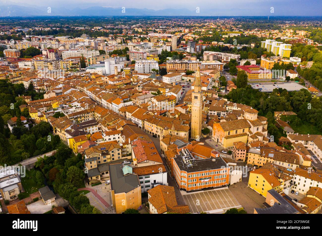 Scenic cityscape from drone of Italian town of Pordenone in sunny day, Italy Stock Photo