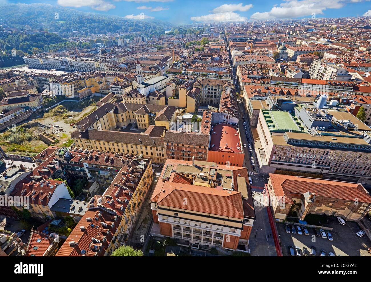 Aerial view of the skyline of Turin at sunrise Stock Photo