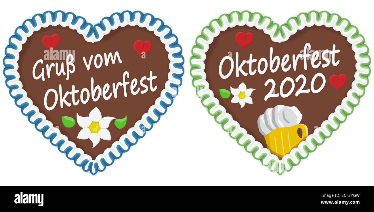 illustrated gingerbread heart with text in german for Oktoberfest time 2020 2021 Stock Vector