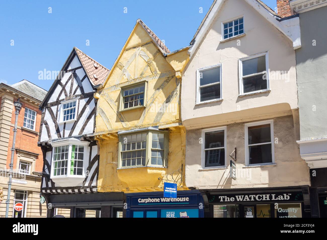 Timber-framed shop fronts, Coney Street, York, North Yorkshire, England, United Kingdom Stock Photo