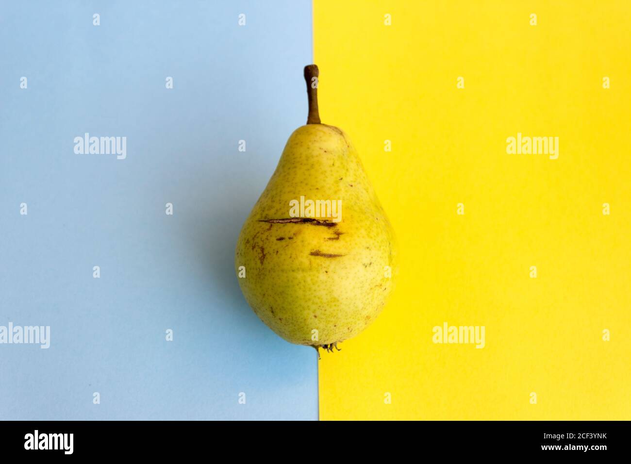 An ugly pear on a blue and yellow background, the conceptual idea is not ideality. Copy space Stock Photo