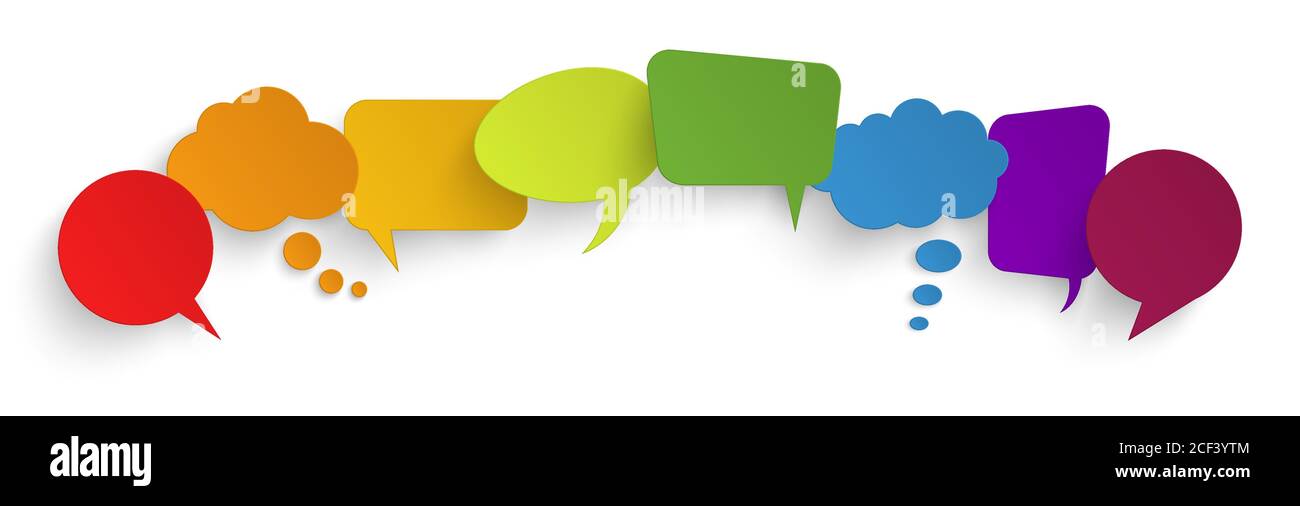 illustration of eight colored speech bubbles with shadow looking like ...