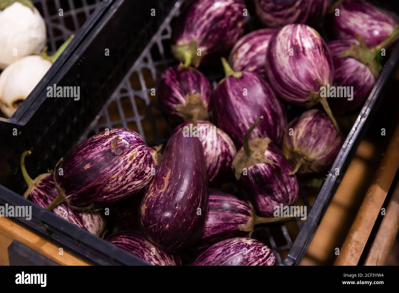 Fresh eggplants in plastic boxes Stock Photo