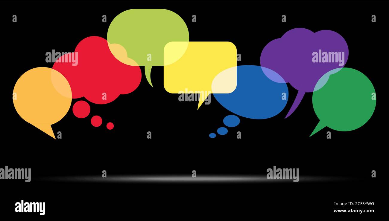 illustration of colored speech bubbles in a row with space for text on ...