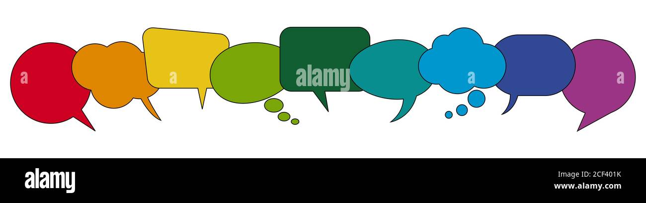illustration of colored speech bubbles in a row with space for text on ...