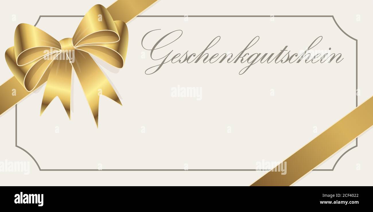 EPS 10 vector illustration of gift voucher (text in german) with golden colored satin band and ribbon bow and free space for text Stock Vector