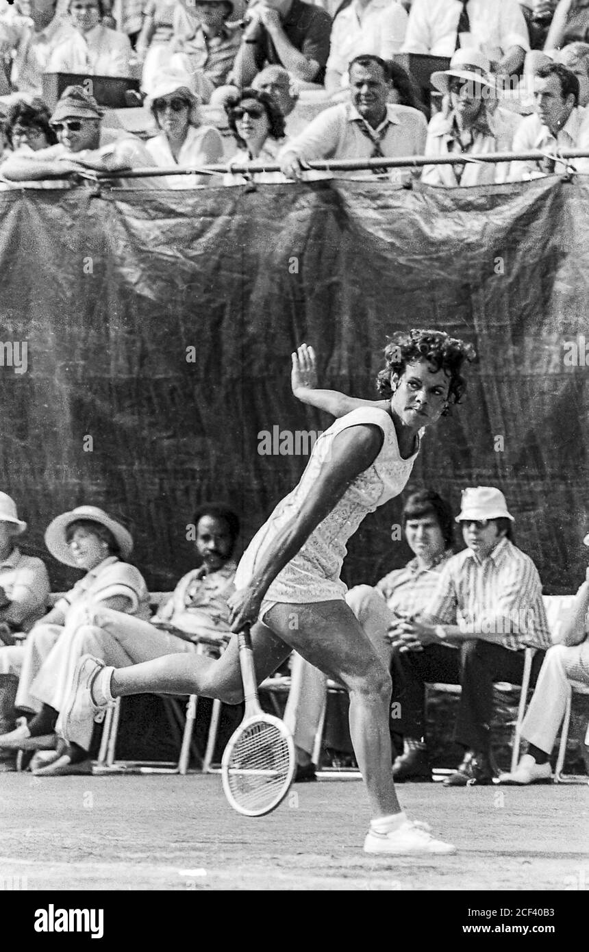 Evonne Goolagong (AUS) competing in the Women's Final at the 1974 US Open Tennis. Stock Photo