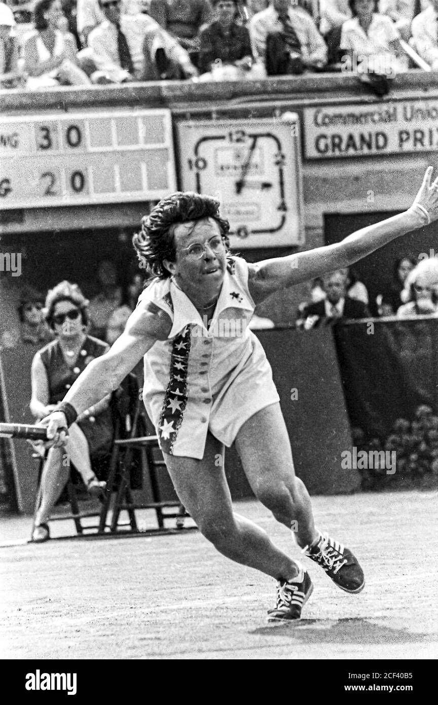 Billie Jean King (USA) competing in the Women's Final at the 1974 US Open Tennis. Stock Photo