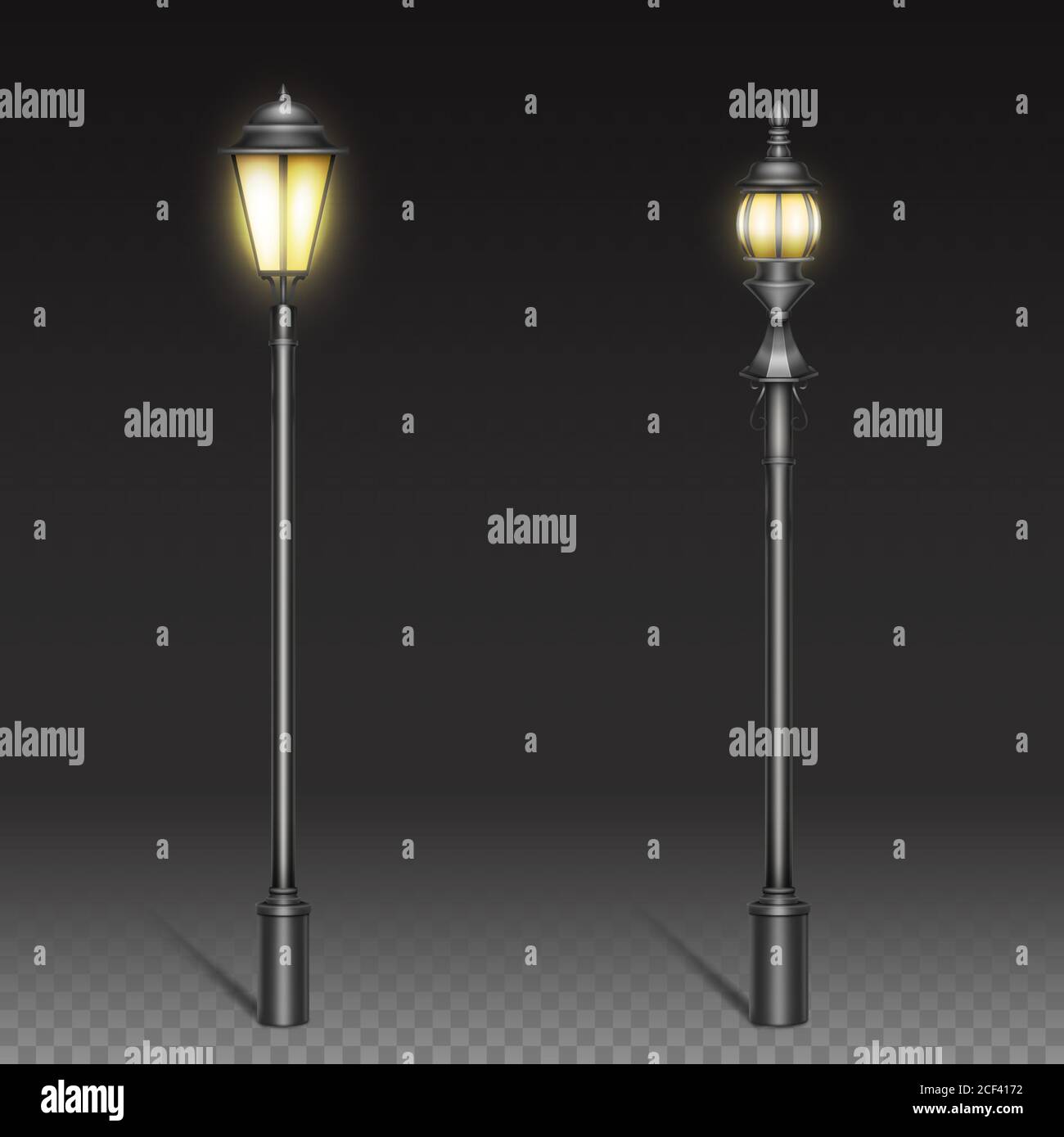 Vintage street lamps, black iron lantern on post. Vector realistic set of retro street lights, old lamps in victorian style for city road or park isolated on transparent background Stock Vector
