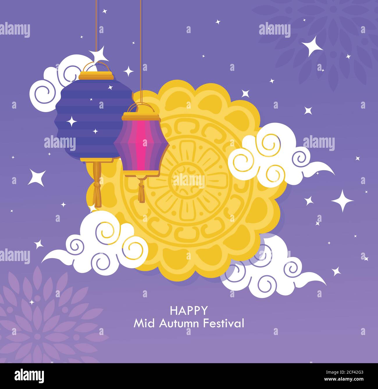 chinese mid autumn festival with mooncake, clouds and lanterns hanging ...