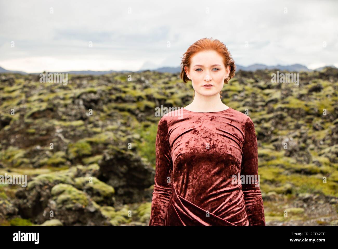 Fashion In Unusal Place Iceland Lava And Moss Stock Photo Alamy