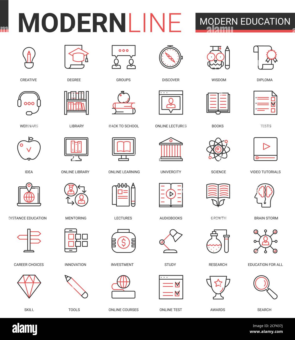 Modern education flat thin red black line icons vector illustration set with linear educational technology symbols for mobile apps with process learning in tech online course, school or university Stock Vector