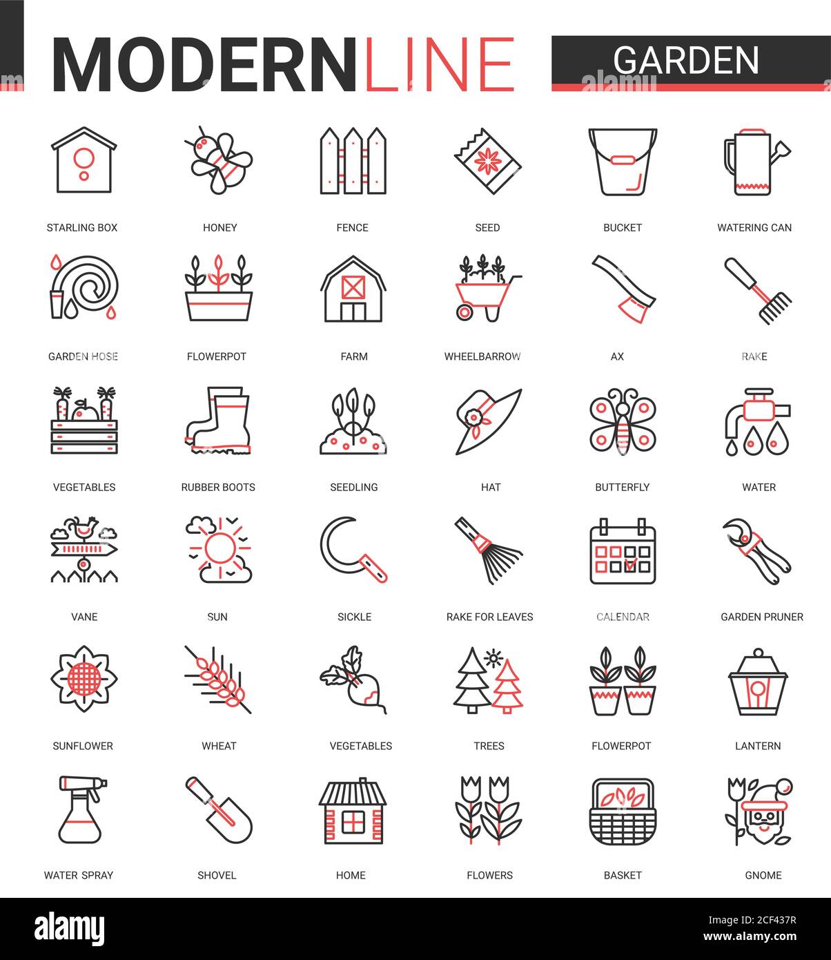 Garden farm tools flat icon vector illustration set. Red black thin line gardening or landscaping accessories for gardener farmer worker, agriculture equipment collection of outline pictogram symbols Stock Vector