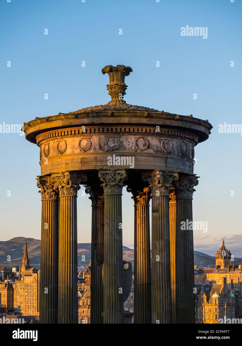Sunrise, Dugald Stewart Monument, Calton Hill, Edinburgh, Scotland, UK, GB. Stock Photo