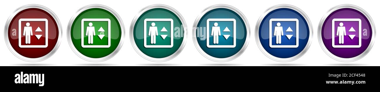 Elevator, lift icons, set of silver metallic glossy web buttons in 6 ...
