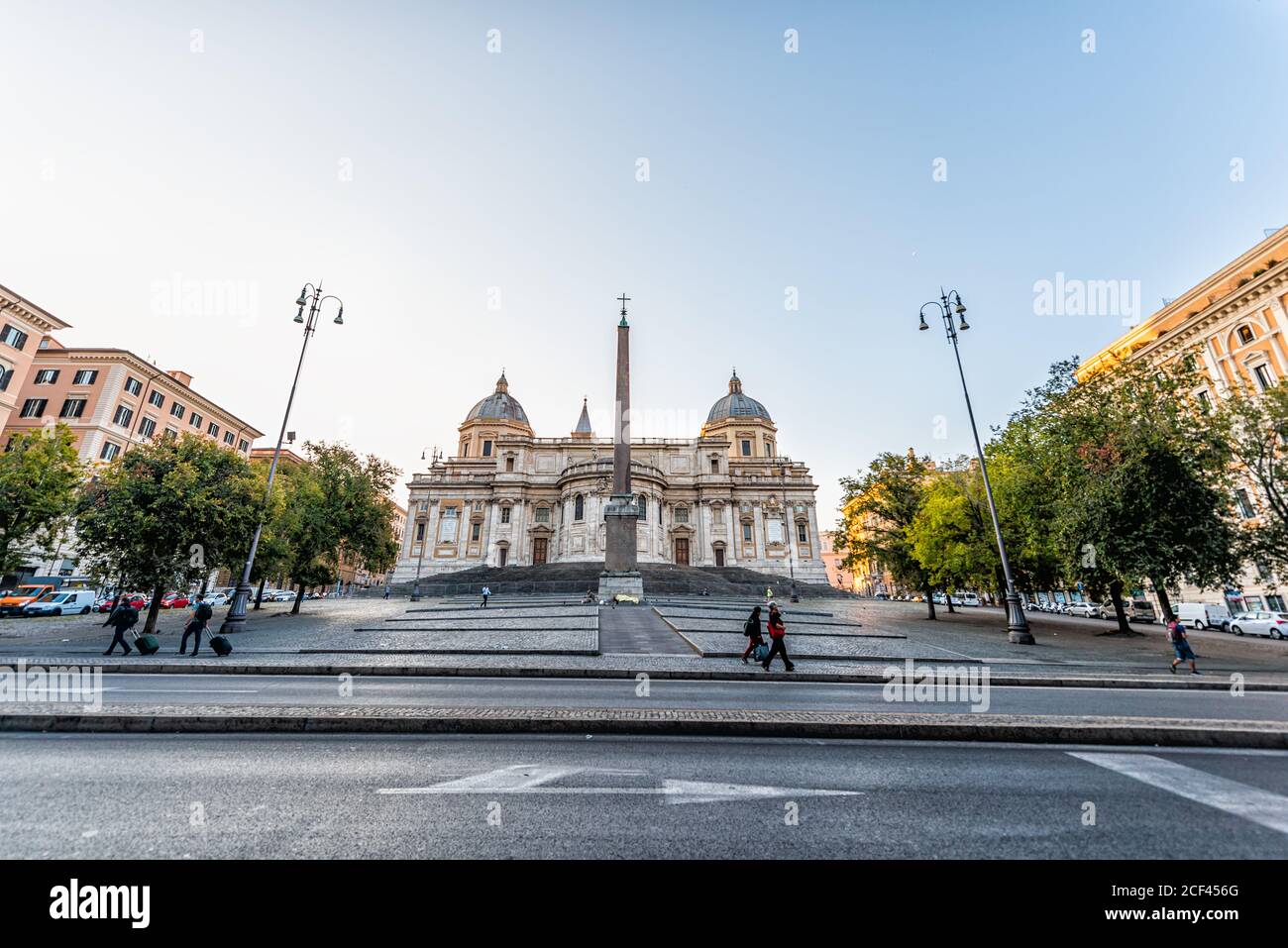 Rome, Italy - September 5, 2018: City piazza square wide angle view of Obelisco Esquilino and church in morning cappella sistina di santa maria maggio Stock Photo