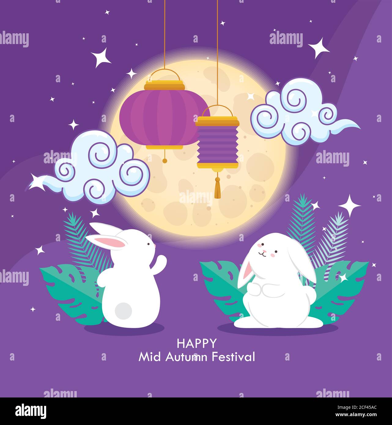 chinese mid autumn festival with rabbits and lanterns hanging Stock ...
