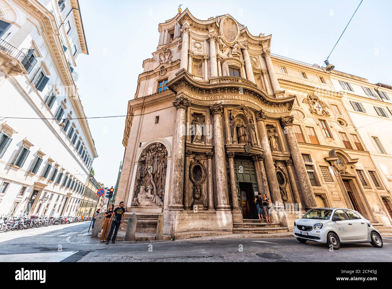 Rome, Italy - September 5, 2018: Italian street outside in historic city wide angle view of building church Chiesa di San Carlino alle Quattro Fontane Stock Photo