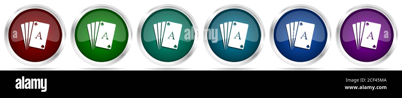 Card icons, set of silver metallic glossy web buttons in 6 color ...