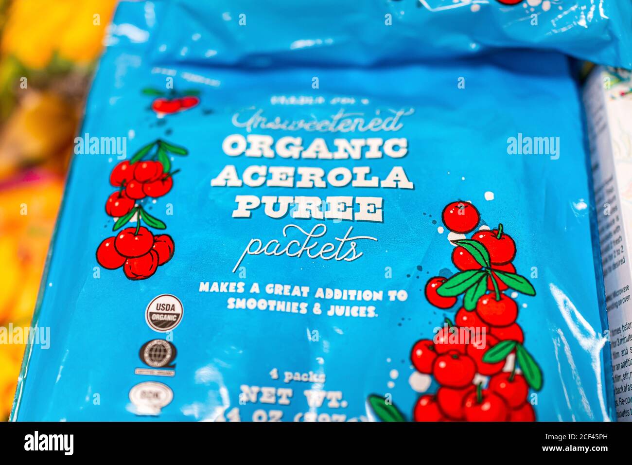 Reston, USA - July 16, 2020: Packaged packets in package of frozen  unsweetened organic acerola cherry puree in Trader Joe's retail grocery  store shop Stock Photo - Alamy