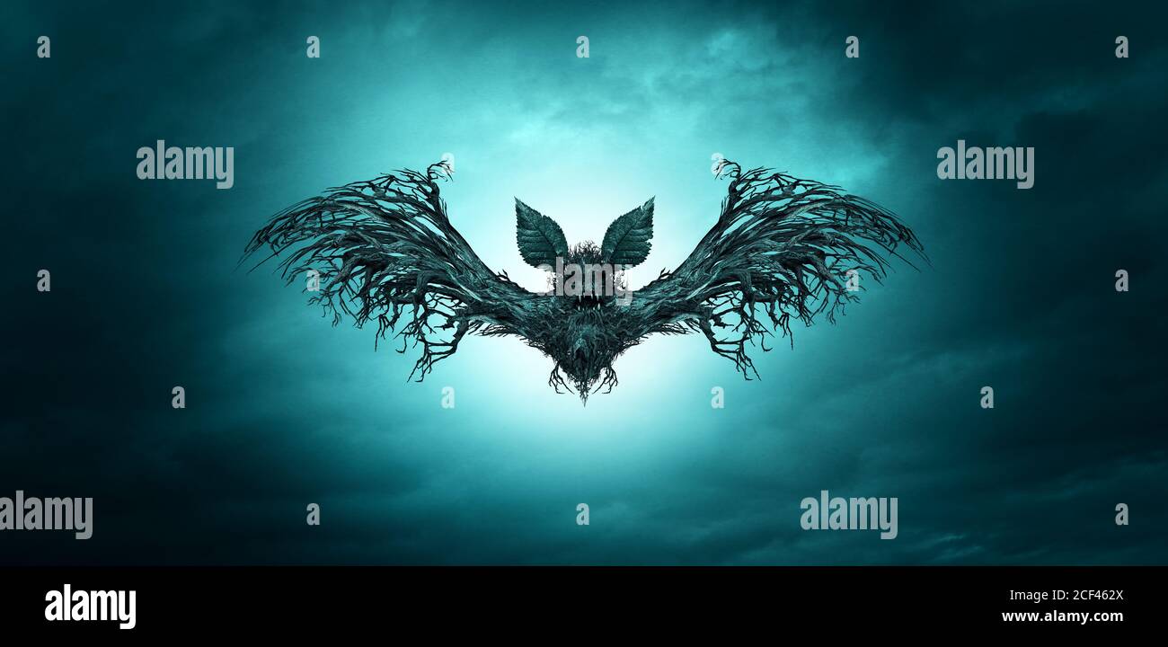 Ghost bat or vampire creature as a creepy scary surreal flying winged creature made from a tree as a spooky surrealistic monster as a horror symbol. Stock Photo