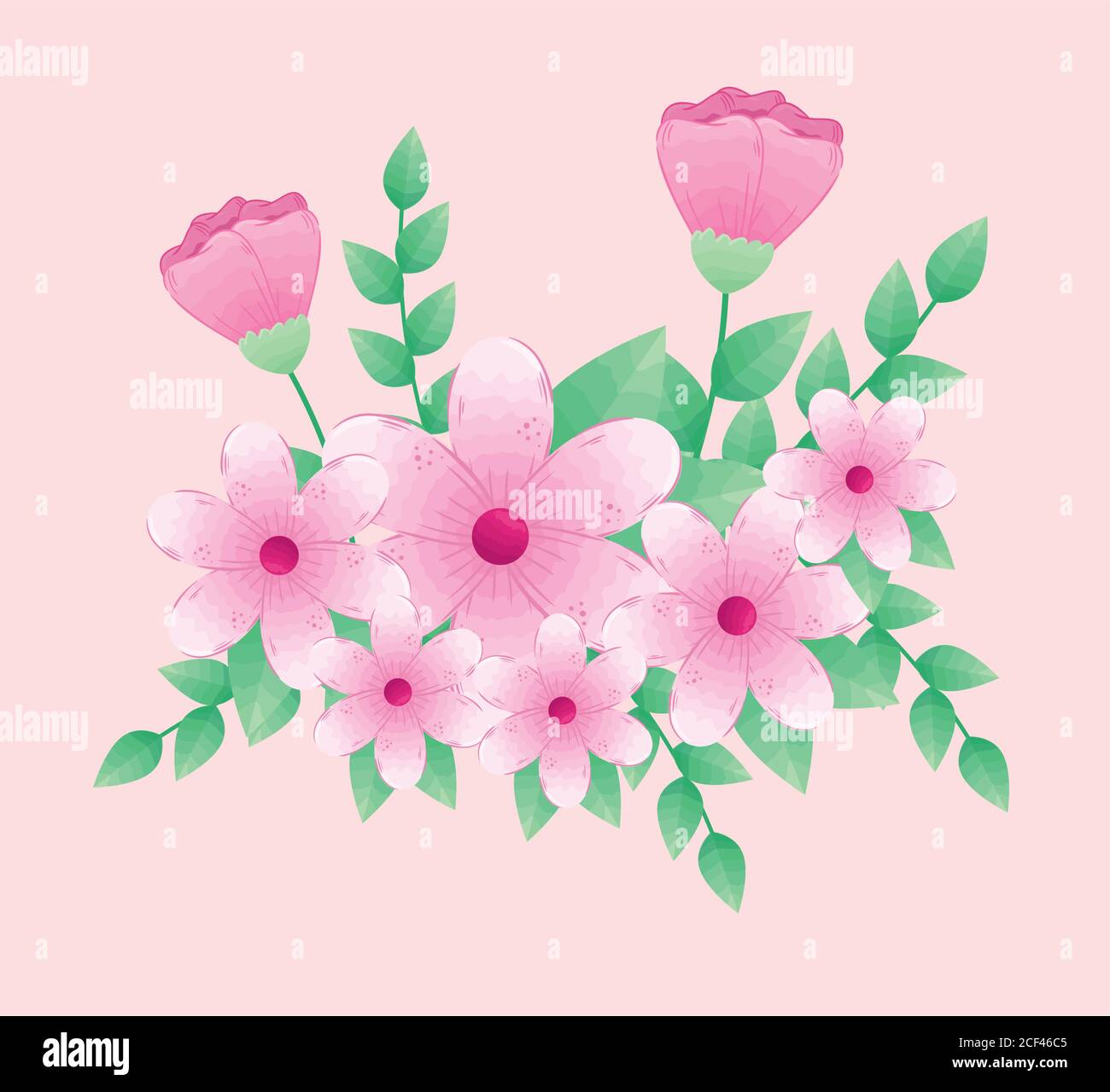 cute flowers pink color with branches and leaves Stock Vector Image ...