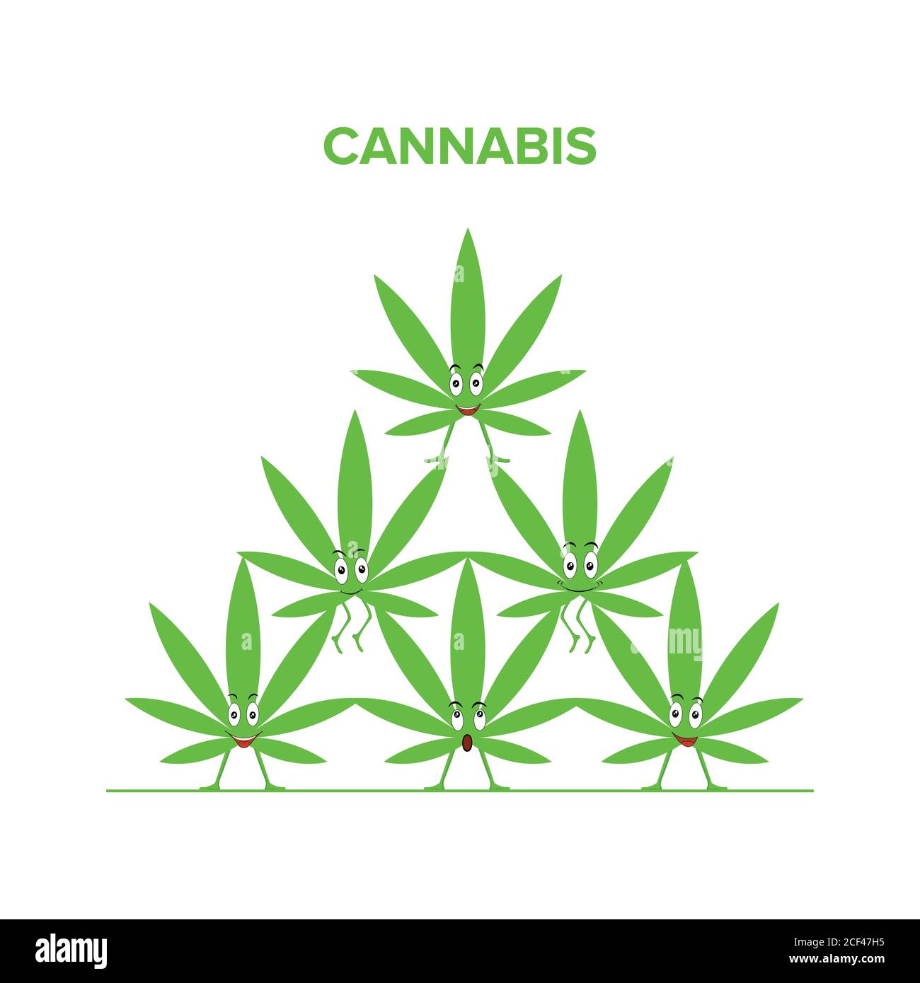 Cannabis, marijuana flat design concept. Cartoon funny character. Funny smiling happy marijuana. Green leaves icon. Vector illustration isolated on a Stock Vector