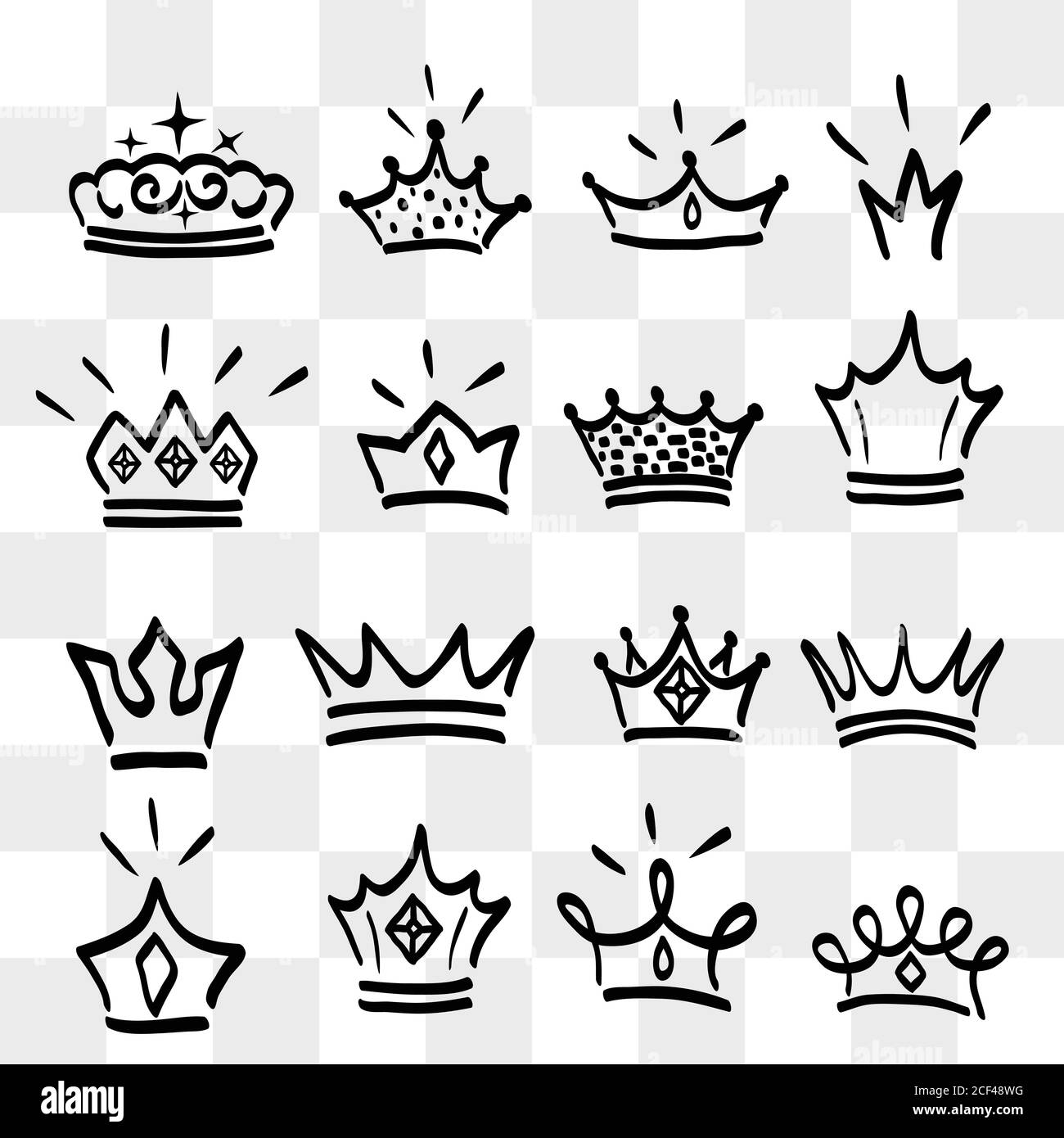 Crown logo graffiti hand drawn icon. Black elements isolated on white background. Hand drawn set of different crown and tiara for princess.Vector illu Stock Vector