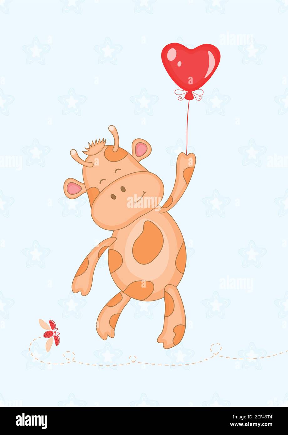 Funny cow flying with a balloon on a stellar blue seamless pattern. Flying ladybug. Stock Vector
