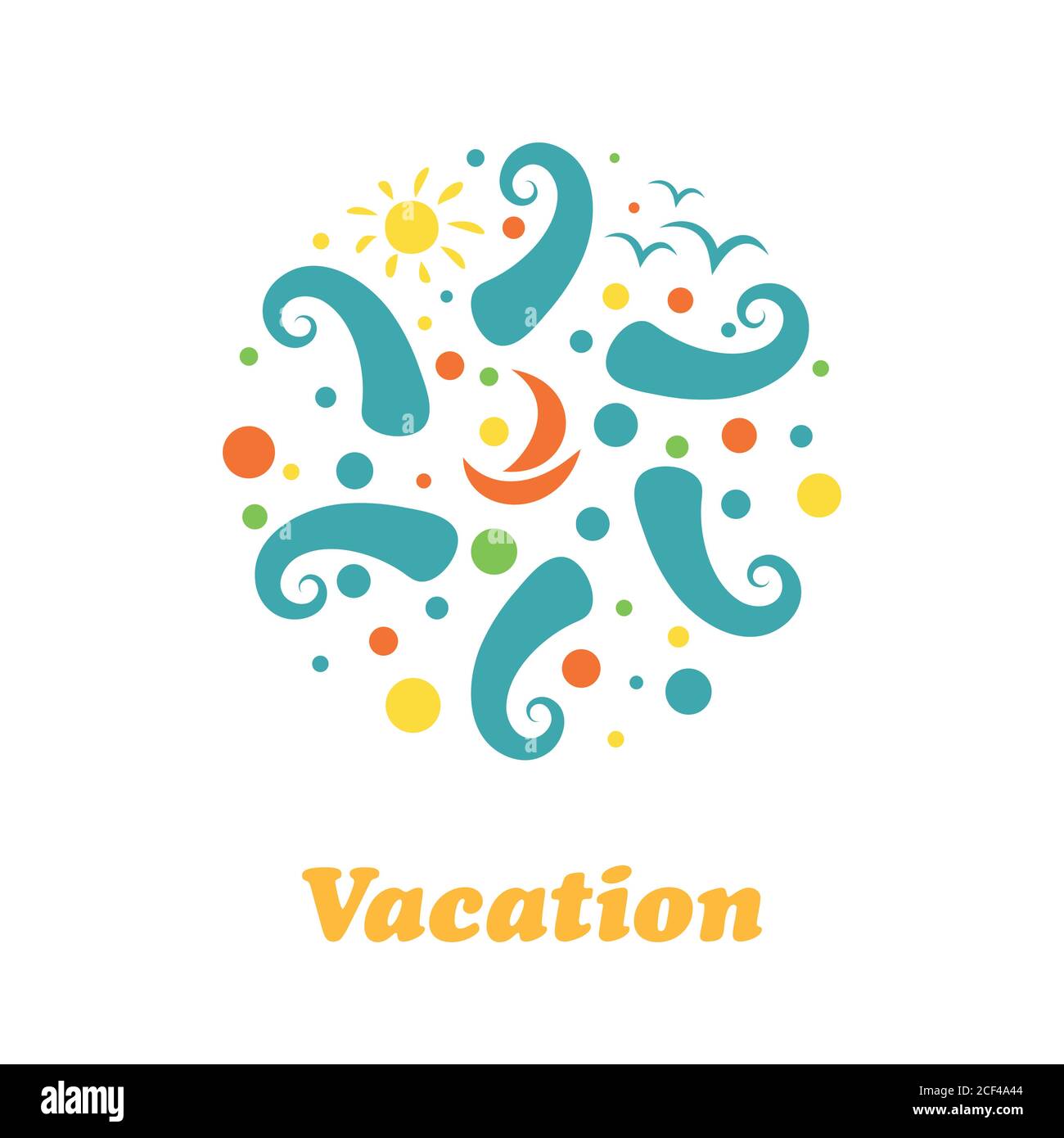 Summer travel vacation logo concept in circle shape. Sea resort, waves, mountains, sun, and palm tree. Paradise beach color graphic sign. Vector abstr Stock Vector