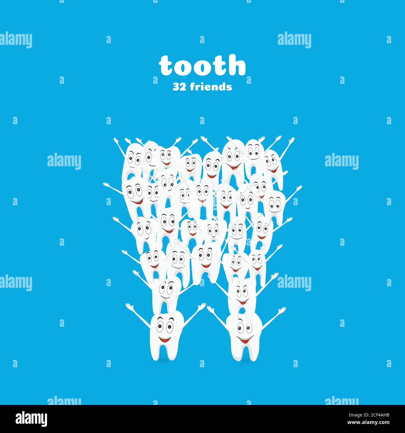 White and healthy tooth welcomes visitors. Happy and healthy smile. Cartoon character hands up. Can be used for posters, banners and other advertising Stock Vector