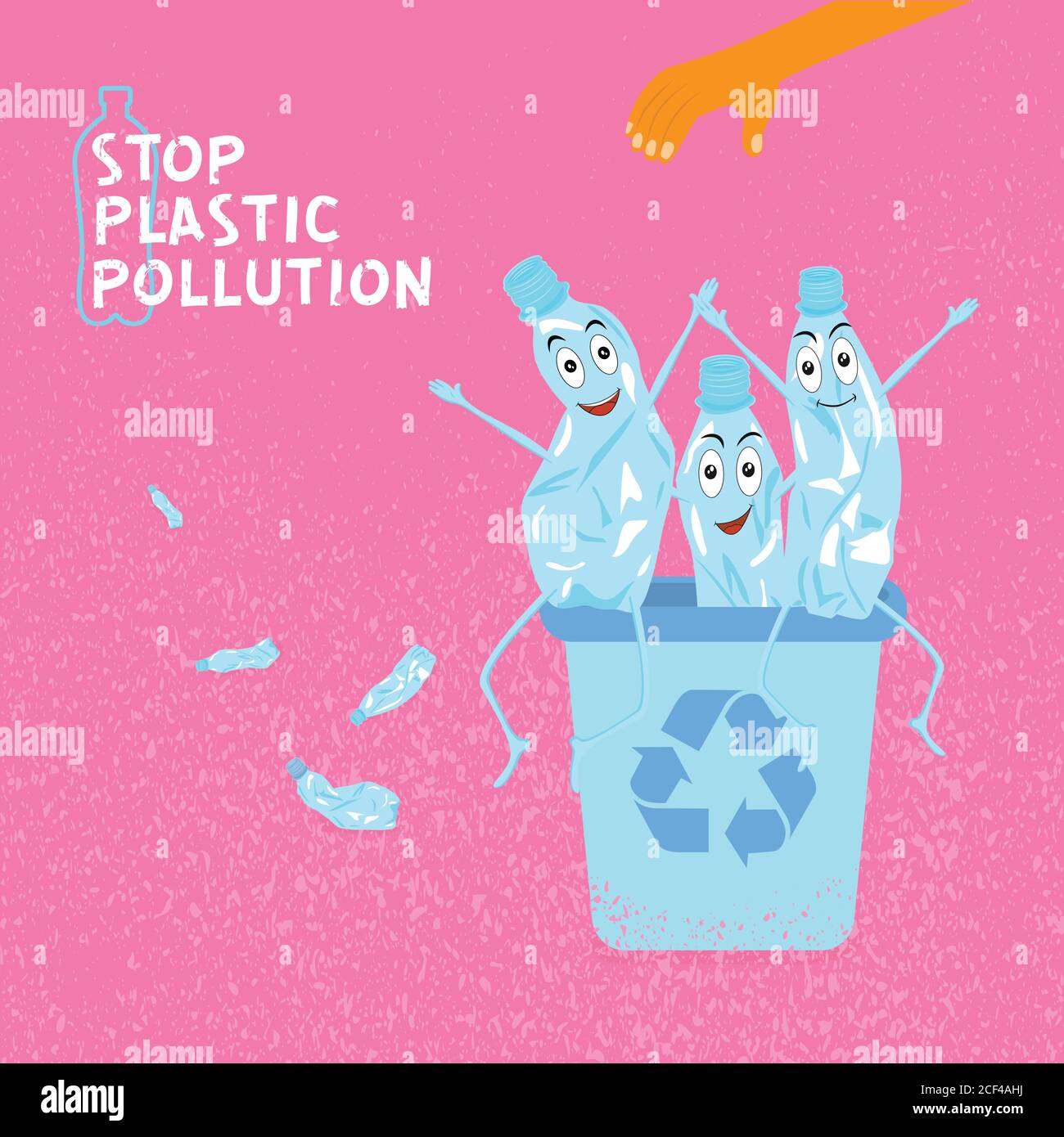 Stop plastic pollution. Ecological concept poster with funny characters from crumpled plastic bottle. Sign recycle garbage. The human hand throws garb Stock Vector