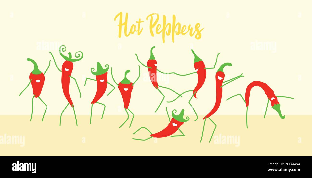 Funny cartoon chili peppers dancing. Modern flat design. Positive characters are suitable for festivals, hot parties, posters and banners. Vector illu Stock Vector