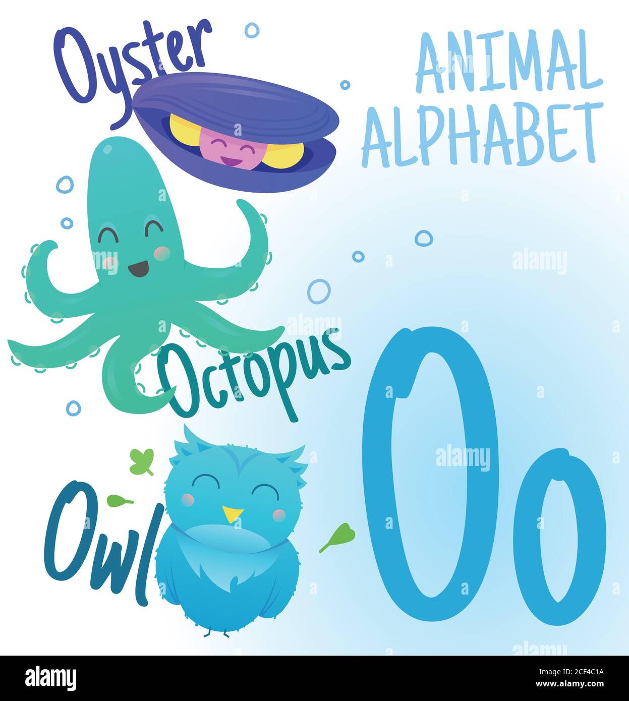 Animal alphabet in vector. O letter. Very cute cartoon animals Oyster, Octopus, Owl. Stock Vector