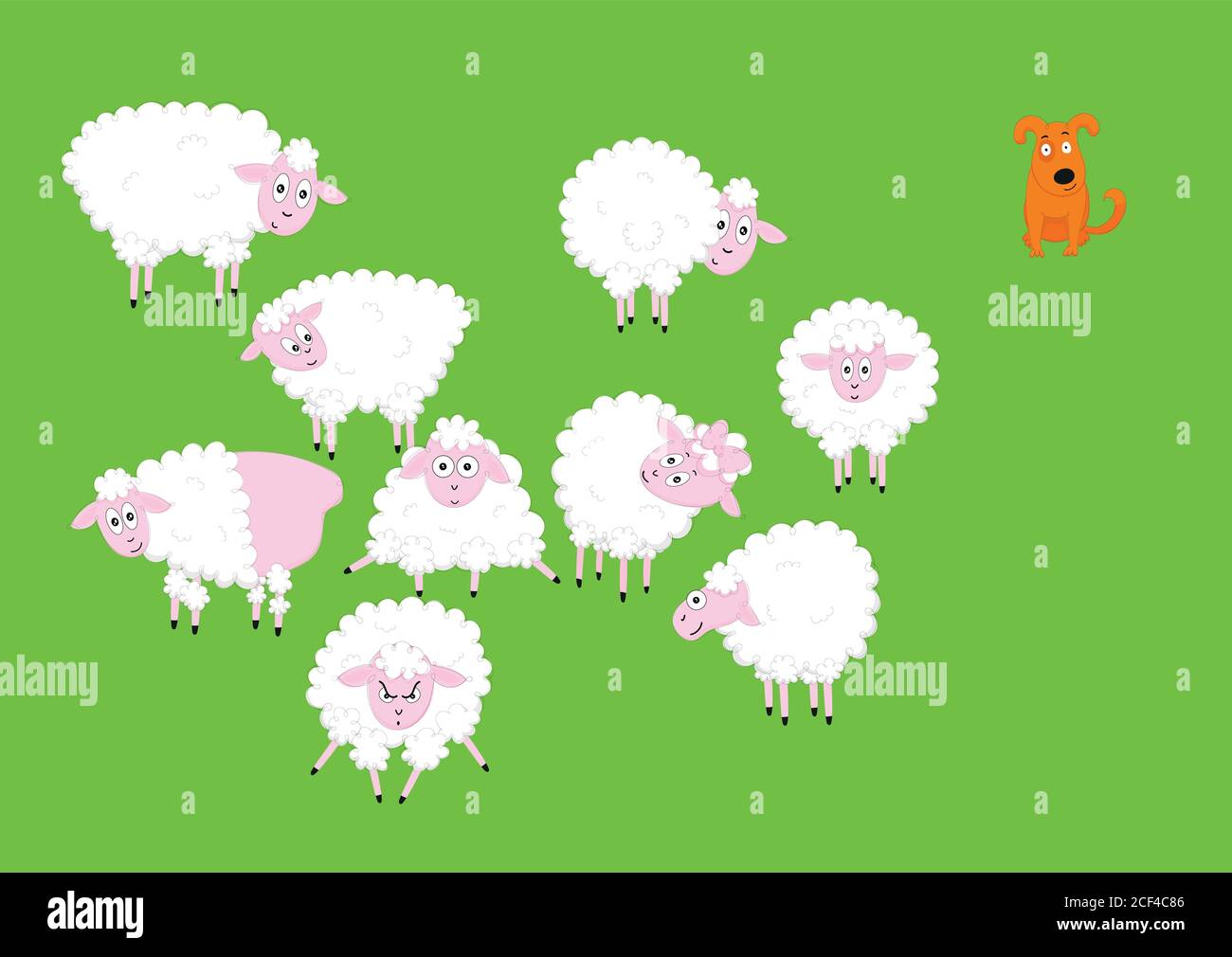 Funny cute sheep cartoon characters set. Vector Illustrations isolated on green background. Stock Vector