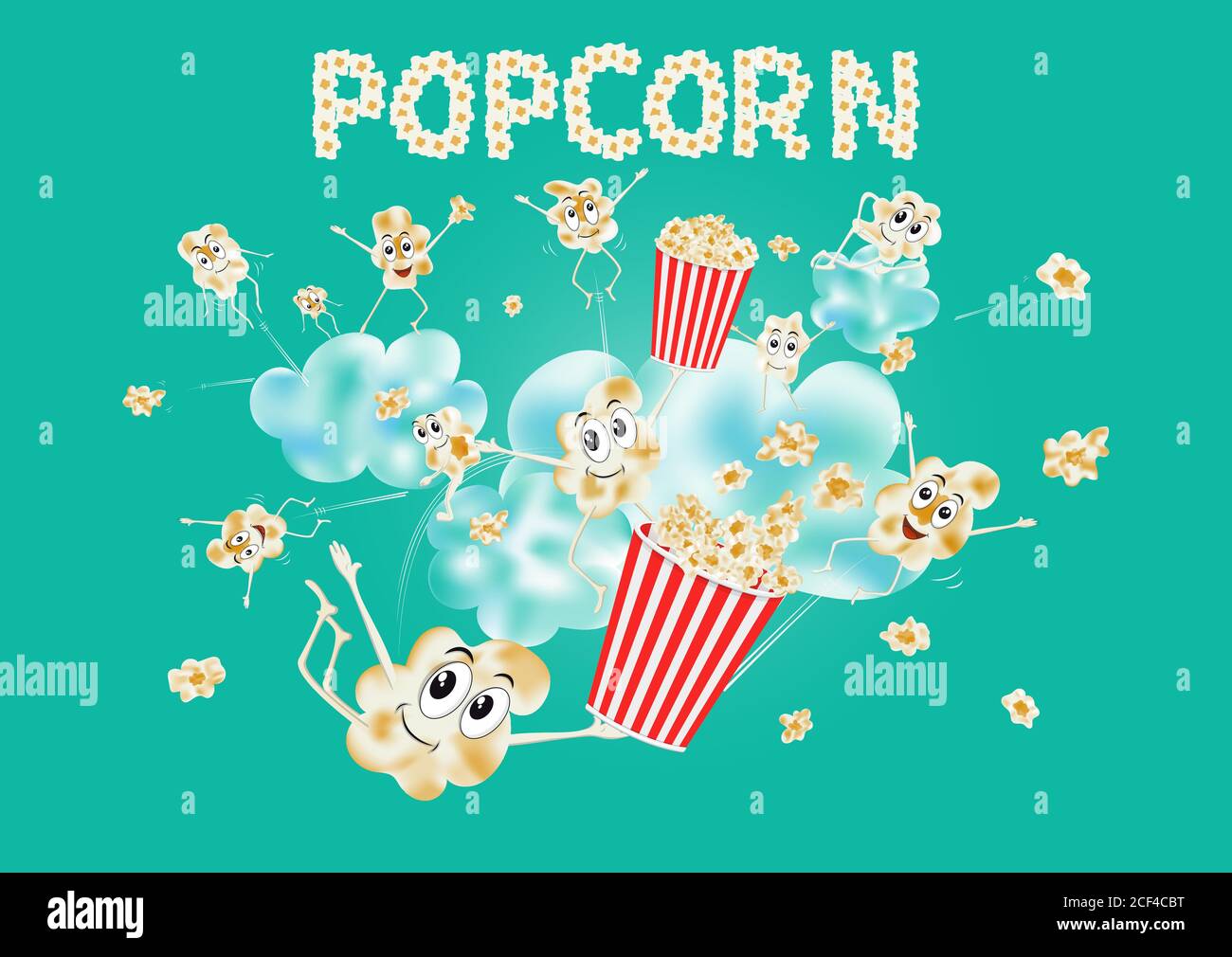 Popcorn on the clouds. Airy popcorn. Cartoon happy cute popcorn