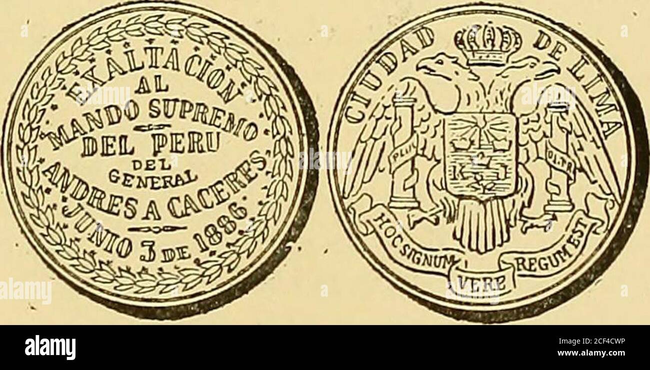 . Monetario americano (ilustrado) clasificado. N 1434—Anverso Leyeyída Colejio de Santa Isabel de -j^Huancayo ^tt- E71 el campo: Escudo de armas del Perú.Reverso. No tiene.Plata: Peso 16 gram. 8 decíg. - 459 — N» 1435—Anverso En el campo: Honor al Mérito, entre coronade palmas y laureles. Reverso. Una corona de laurel. Plata: Peso 9 gram. 8 decíg. 25 N» 1436—Anverso Leyenda Mina Narducci. En el campo: — ; G abajo una Cruz de Malta. Exergo: • lea • Reverso En el campo: Sol radiante.Cobre: Peso 9  gramos. N 1437—Anverso Leyenda Establecimiento Candelaria. Reverso E71 el campo: E. Ibrahin. Pampa Stock Photo