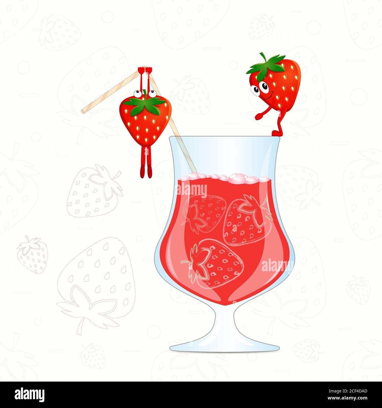 Cartoon strawberry on the glass with a strawberry drink. Stock Vector