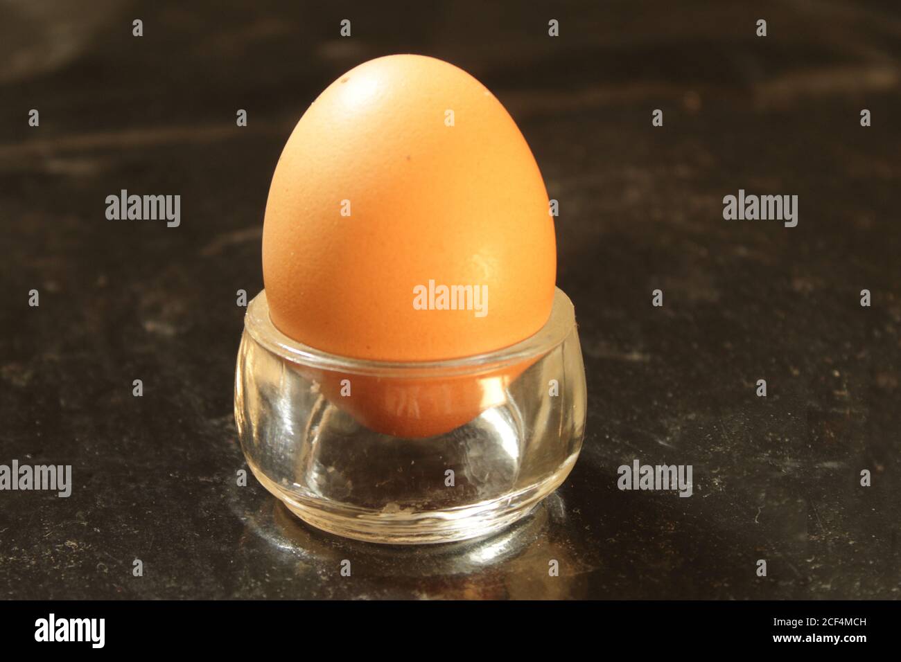 Chicken egg in a glass holder on a black background Stock Photo