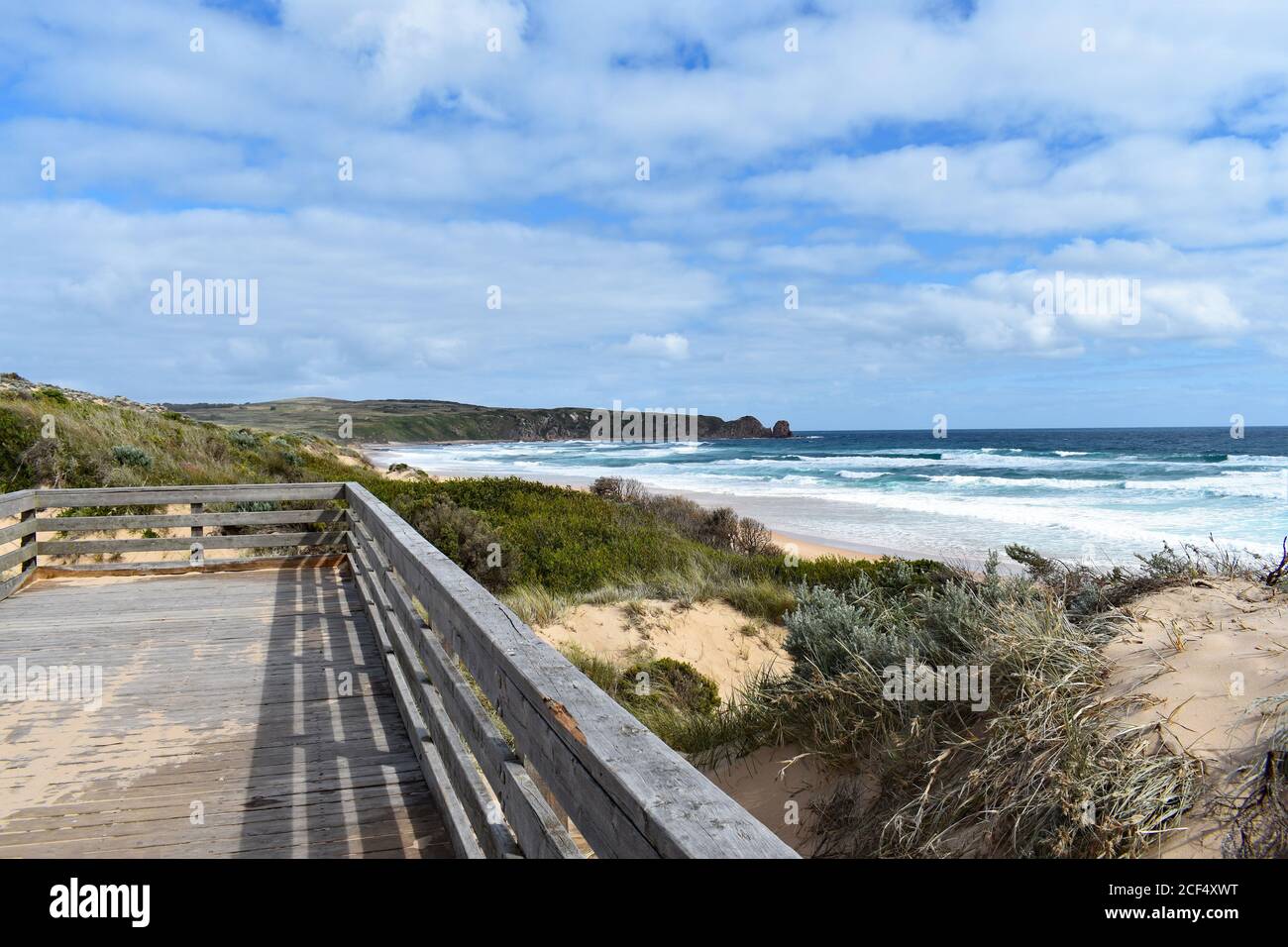 A wooden viewing platform overlooks Cape Woolamai Beach on Phillip Island.  Grass is growing from the sand and the ocean is bright blue in colour. Stock Photo