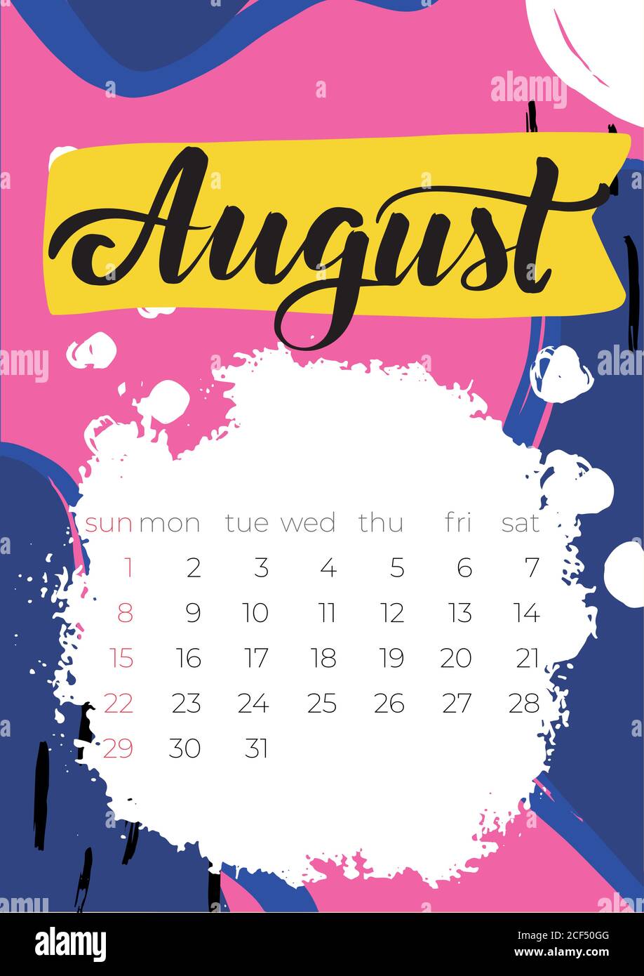 Calendar Template For August 21 Week Starts On Sunday Stock Vector Image Art Alamy