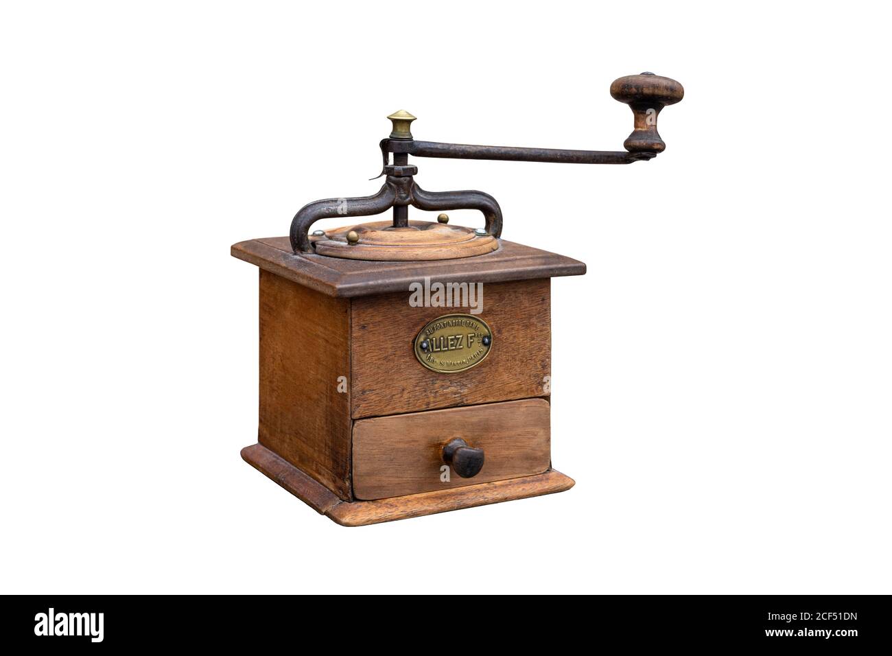 Old vintage manual wooden Peugeot coffee grinder mill with closed