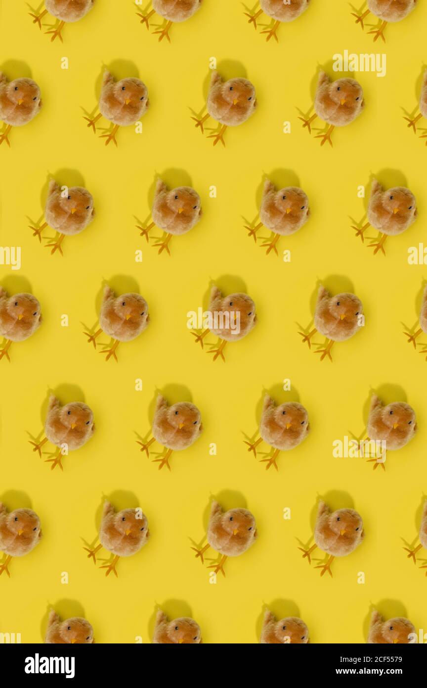Seamless spring Easter pattern with repetitive blurred chickens on bright yellow background Stock Photo