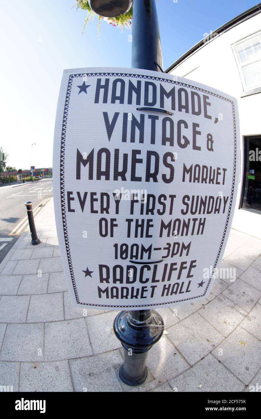 Sign advertising a Handmade Vintage and Makers Market in the market town of Radcliffe in Bury, Greater Manchester Stock Photo