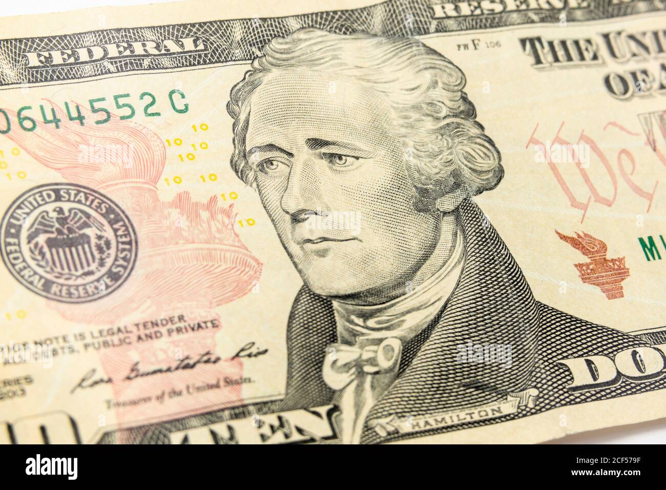 Macro view of Alexander Hamilton on the US ten dollar bill. Stock Photo