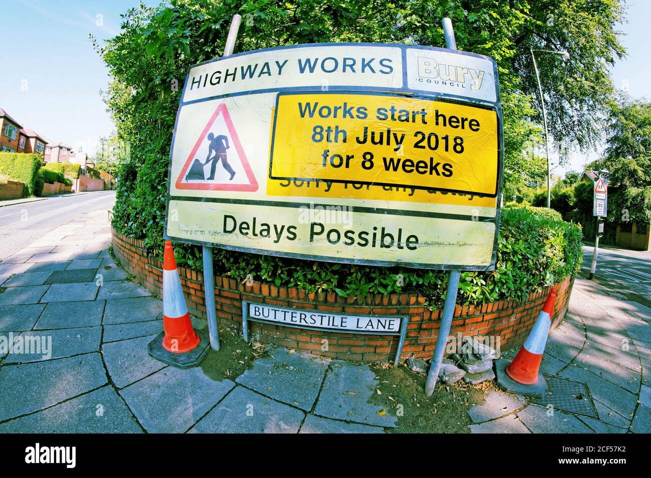 Highway Works, Delays Possible roadsign from Bury Council. Situated in Prestwich, Greater Manchester, UK. Possible traffic disruption Stock Photo