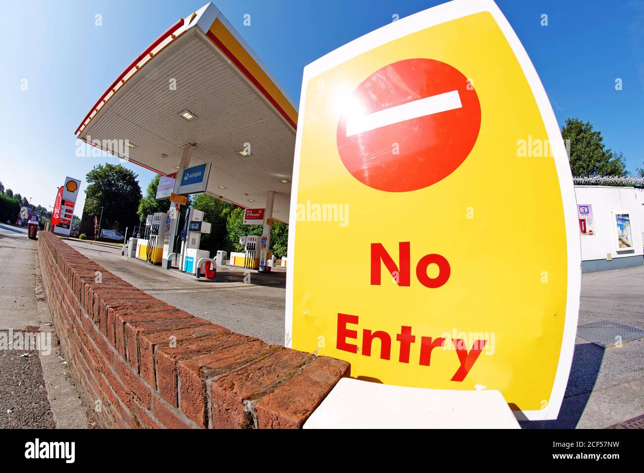 Shell service station petrol garage forecourt with No Entry sign Stock Photo